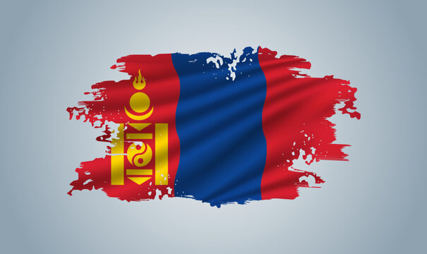 Mongolia flag made in brush stroke background. Dynamic design in the form of a brush stroke.