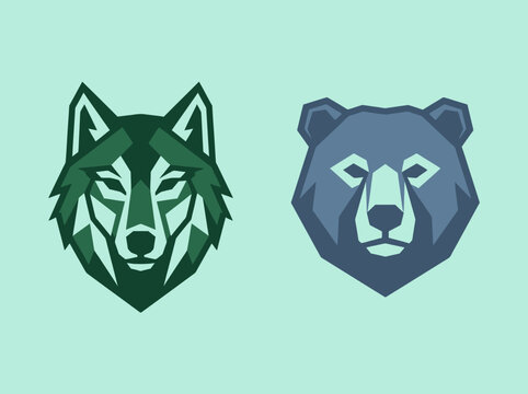 Stylized geometric wolf and bear head vector logo designs