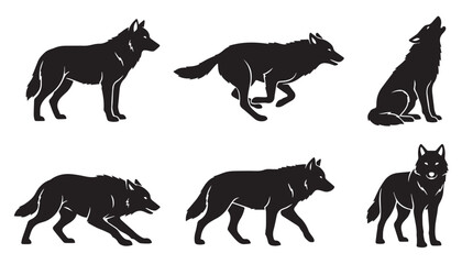 Wolf Silhouette Vector Pack: Black Wild Animal Set with Howling, Running, and Standing Wolf Poses © Taufik-DeGra