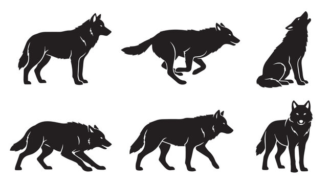 Wolf Silhouette Vector Pack: Black Wild Animal Set with Howling, Running, and Standing Wolf Poses