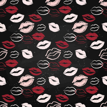 Repeating pattern of distressed lipstick kiss marks on dark grunge background