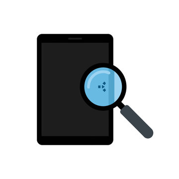 Magnifying glass inspecting a dark digital tablet screen for errors