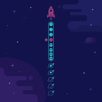 A stylized rocket travels through a dark purple cosmos