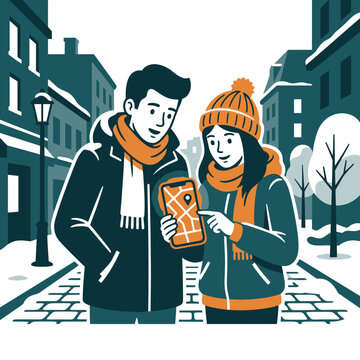 A young couple checks a map on a smartphone during winter