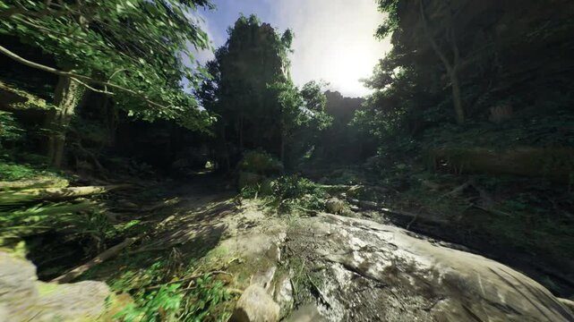 Sunlight gap through ravine creating forest bathing scene with moist rocks, hanging vines, soft mist and reflective puddles, calming atmosphere perfect
