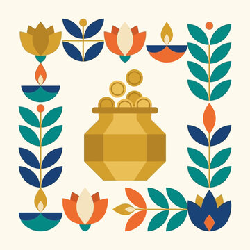 A flat vector illustration of a golden pot with coins for Dhanteras festival