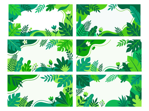 Set of six flat tropical leaf frames with white copy space