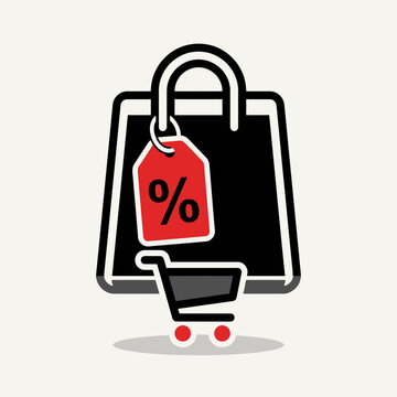 Black shopping bag icon with a red discount tag and a shopping cart