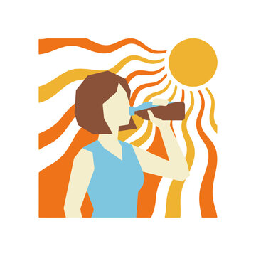 An illustration of a woman drinking water under the hot summer sun