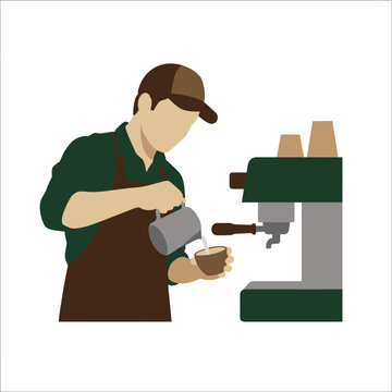A minimalist vector illustration of a barista pouring milk into a coffee cup