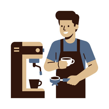 A friendly male barista making fresh espresso coffee with a machine