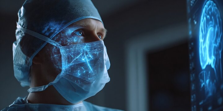 Advanced medical professional in surgical gear analyzing a complex blue holographic brain interface, showcasing the intersection of neurology and futuristic healthcare technology