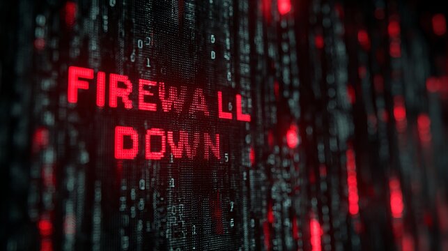 Bright red text displaying firewall down warning on a dark digital matrix screen background effect