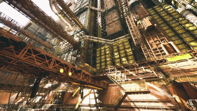 elevated walkway through industrial rafters and conduits, exploratory mood with long shadows and repeating rhythm, surveyor imagined pacing catwalks to document