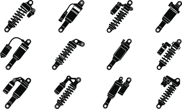 Black Silhouette Automotive Shock Absorber Suspension Icons Vector Set