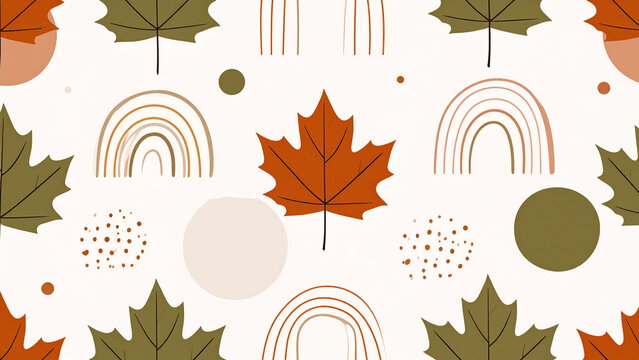 Boho maple leaves and hand drawn rainbows repeat in a seamless pattern featuring warm autumnal colors for textile design.