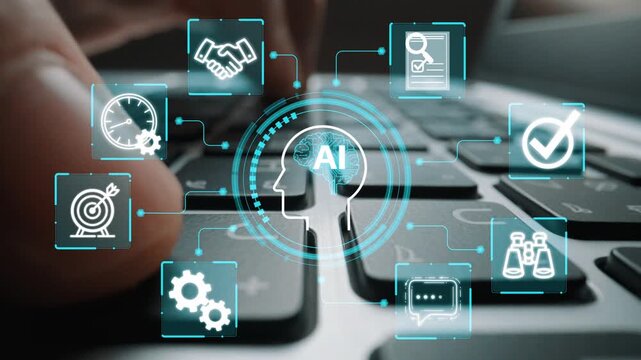 Futuristic Artificial Intelligence Concept with Icons and Brain Visuals on Keyboard Background, Representing Technology and Innovation in Business. Entropy.
