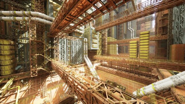 stacked containers in sunlit logistics hub with layered catwalks, rows of yellow storage and heavy platforms, loading zones framed by metal beams, atmosphere