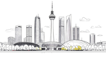 Fototapeta premium Sketchy Cityscape with Modern Architecture and Trees - Vector Illustration