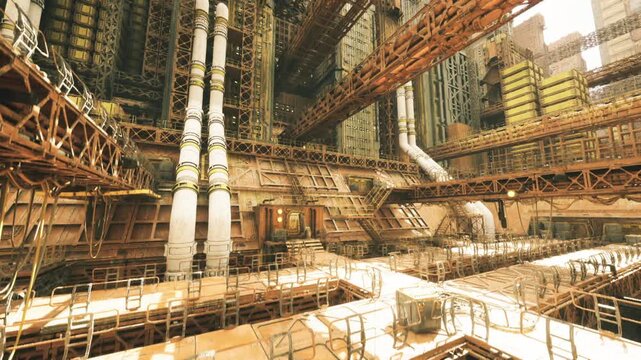 sprawling machinery bay with control consoles and pipe bundles, dense industrial clutter and warm accent lights, operator vantage feeling with layered