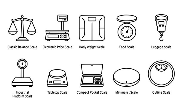 Weighing Scale Icon Set Ten Types Classic Balance Body Weight Food Luggage Platform Vector Illustration Collection