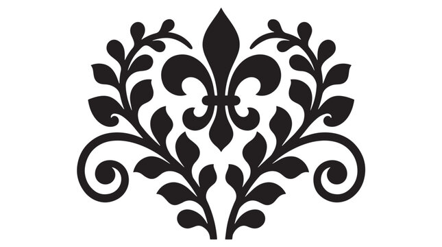 Vintage Heraldic Fleur De Lis Ornament with Decorative Leafy Swirls and Damask Floral Design
