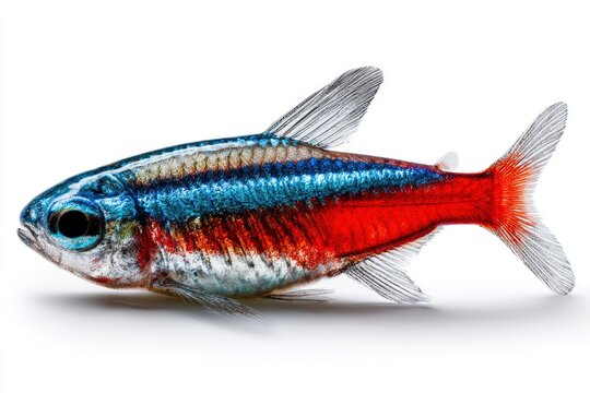 Neon tetra fish with iridescent blue and red stripes on white background in sharp focus macro shot for pet trade and aquarium marketing