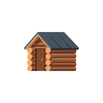 Log cabin facade with dark gray roof and wooden door, flat design