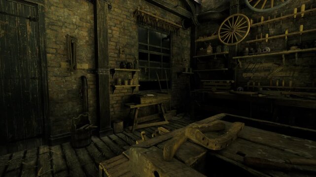 Traditional wheelwright atelier with large wooden wheel on rack and tools. Spokes and hub visible, lathe nearby, rustic shelving, textured brick backdrop, warm