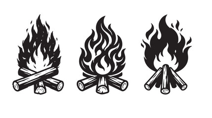 Naklejka premium Three simple campfire with stacked logs and stylized flames, graffiti isolated on a white background, for outdoor, camping, and wilderness themed