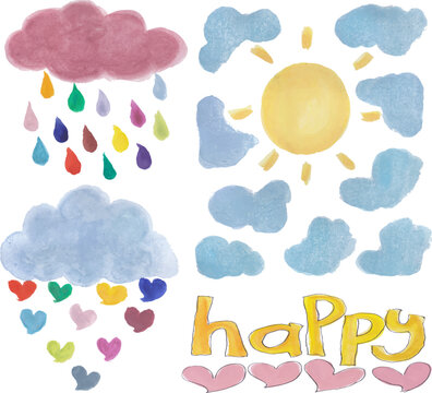 Hand drawn weather clouds rain and sun watercolor art