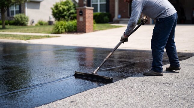 Professional worker applying blacktop sealer to a residential asphalt driveway