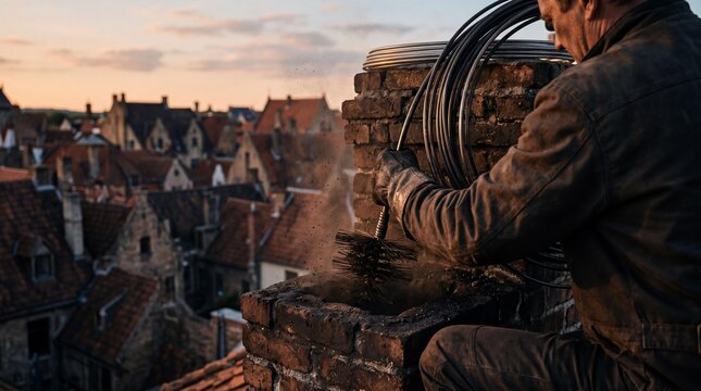 Professional chimney sweep cleaning a brick flue on a rooftop at sunset