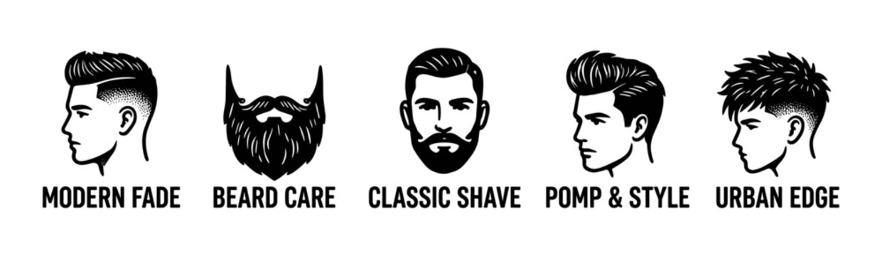Collection of various male hairstyles and beard grooming styles for barbershop branding.