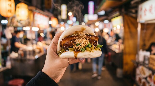 Hand holding a hot steaming gua bao pork belly bun at a Taiwan night market