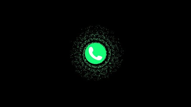 Incoming Phone Call Ring Icon Animation with Exploding Green Particles Ripple on Black Background