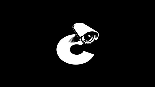 Sleek white surveillance camera logo on black background