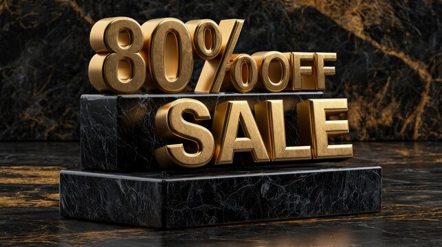 Gold 80 percent off sale sign resting on marble pedestals in a sharp focus macro shot for luxury retail marketing