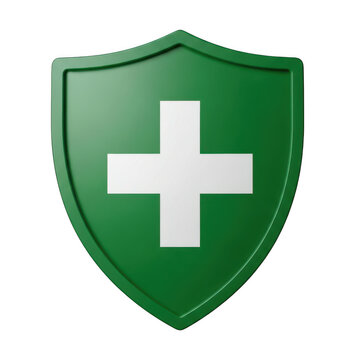 Green shield icon with a white medical cross symbol isolated on transparent background
