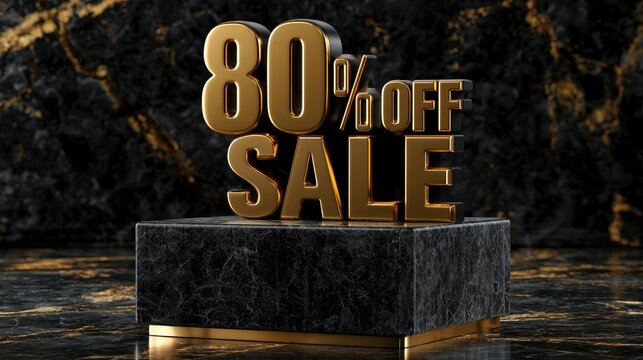 80 percent off gold sale sign standing on marble pedestal in a dark luxury studio sharp focus cinematic shot for retail promotional advertising