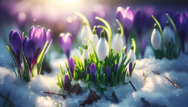 A fresh spring border with snowdrops and crocuses emerging through melting snow, Ai generated image