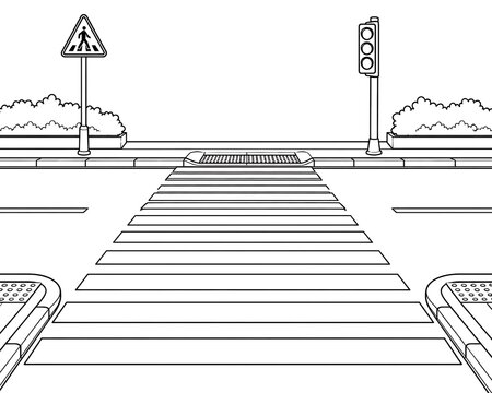  Bold Black and White Vector Line Art of Zebra Crossing on a City Roa