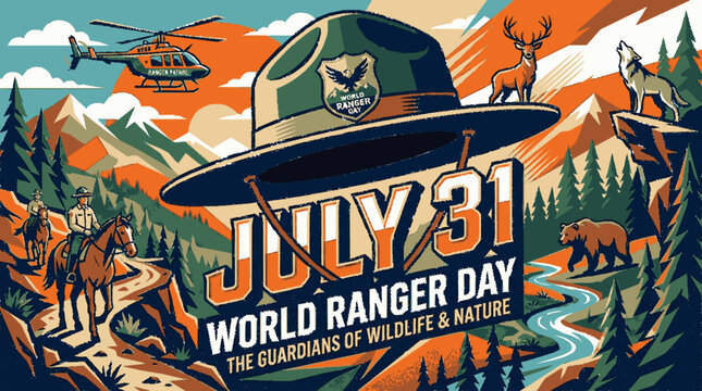 World ranger day celebration graphic featuring iconic park hat and scenic wilderness landscape illustration for environmental awareness
