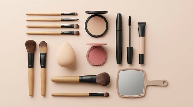 Set of professional makeup brushes and cosmetic products with a mirror for beauty routine on light surface. beginner makeup guide