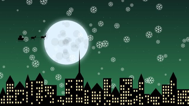 Santa claus sleigh flying over city skyline with full moon and falling snow