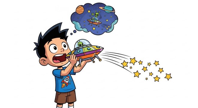 Alien Imagination: A young boy, eyes wide with wonder, imagines a flying saucer encounter with an alien, all captured in a vibrant, cartoonish illustration.