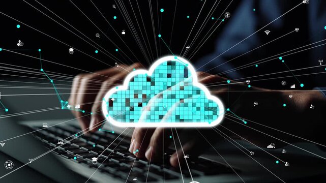 Hands typing on a keyboard are interlaced with a glowing cloud symbol, illustrating the integration of cloud computing technology in a modern digital landscape. Xenic