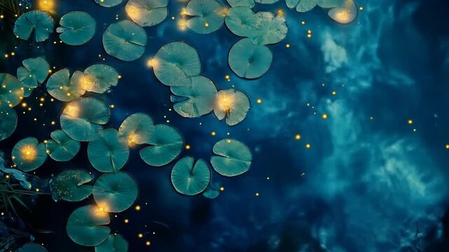 Glowing lily pads on a water surface with bokeh effect and dark background