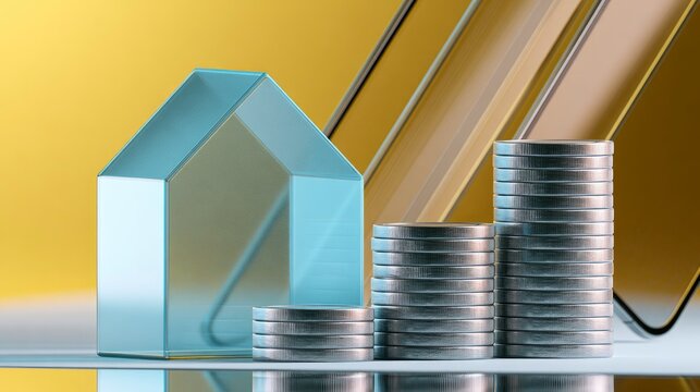 Glass house model and silver coin stacks on a reflective surface in a sharp focus macro shot for real estate investment and mortgage marketing