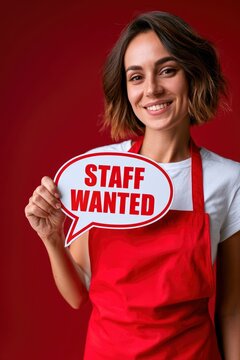 Retail employee holding staff wanted sign in a studio portrait with sharp focus and professional lighting for recruitment and human resources marketing